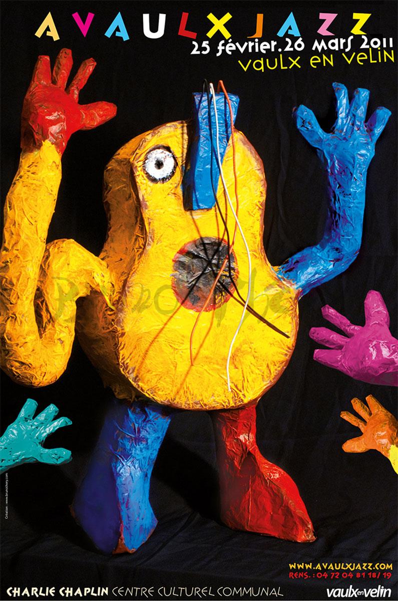 L’affiche A Vaulx Jazz 2011 est la quinzième que Bruno Théry affichiste a créé à Vaulx en Velin dans la Métropole de Lyon en Auvergne RhÔne Alpes.