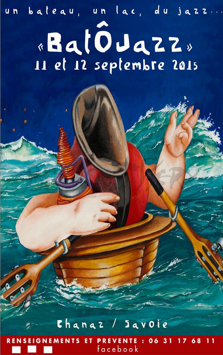 Affiche pour la communication du festival de jazz BatÔJazz 2015 en Savoie sur le lac du Bourget